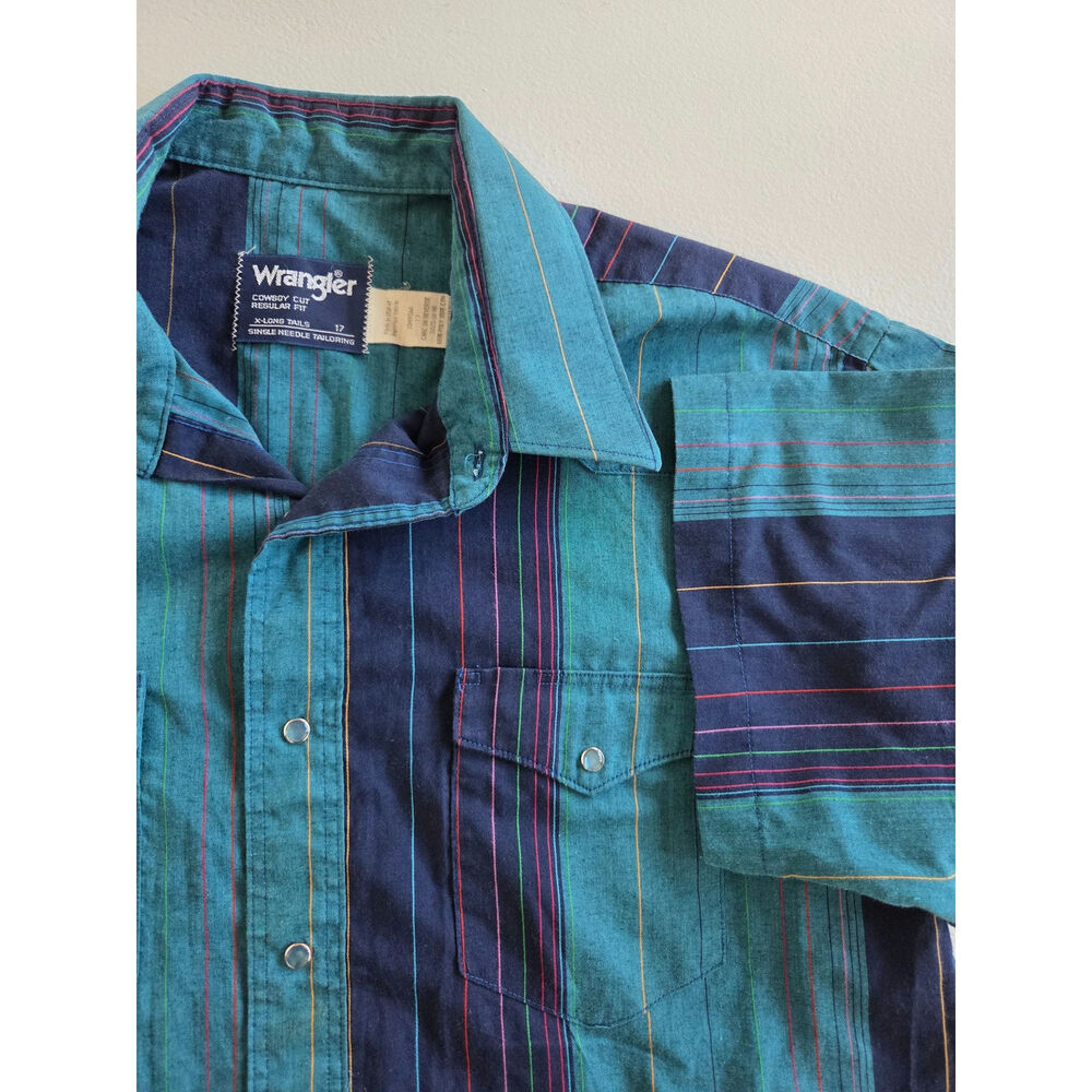 Vtg Wrangler Cowboy Cut Pearl Snap Western Shirt Teal Navy Stripe Made USA 17